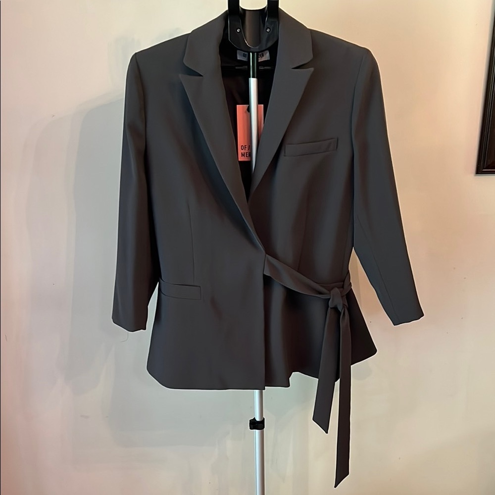 NWT Of/Mercer Gray Wrap Blazer with Notched Lapel and Tie Waist